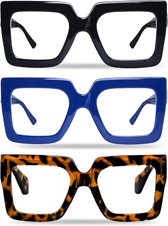 hoyuwak 3PCS Oversized Square Blue Light Glasses Big Frame Computer Eyewear | Thick Fashion Clear Glasses for Women Fashion
