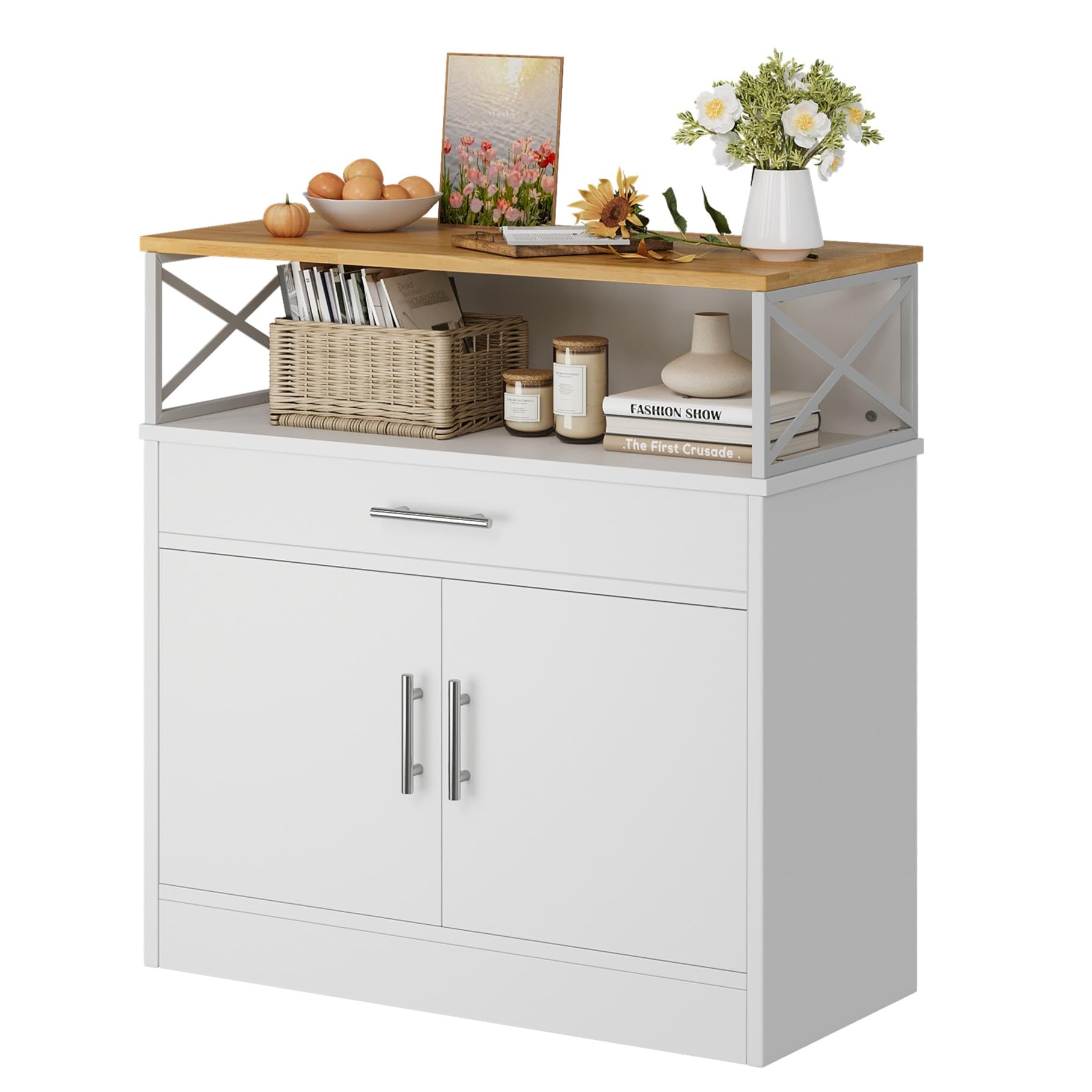 VongrasigSideboard Buffet Cabinet with Storage, 31” Modern Kitchen Storage Cabinet with Adjustable Shelf, Wood Farmhouse Coffee Bar Buffet Table for Kitchen, Dining Room, White