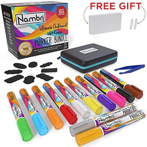 12 Liquid Chalk Markers Set - Erasable Brightsticks - Gold & Silver Metallic Liquid Pens - 16 Chalkboard Labels - 2 Spare Reversible Tips with Tweezers Eraser & Case by Nambri