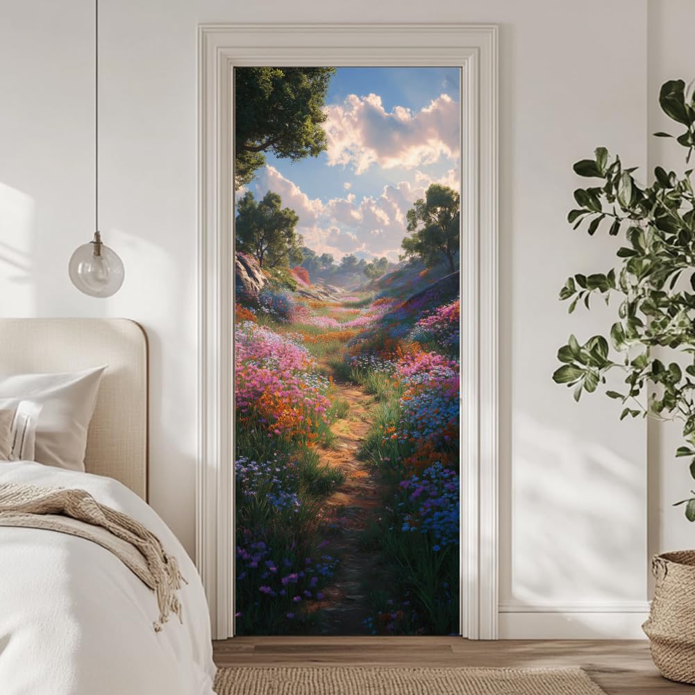 arricraft 2 fogli autoadesivi per porta, 80 cm x 200 cm, motivo fiori di campo, adesivi per porta, in PVC, rimovibili, decorazione per camera da letto e soggiorno