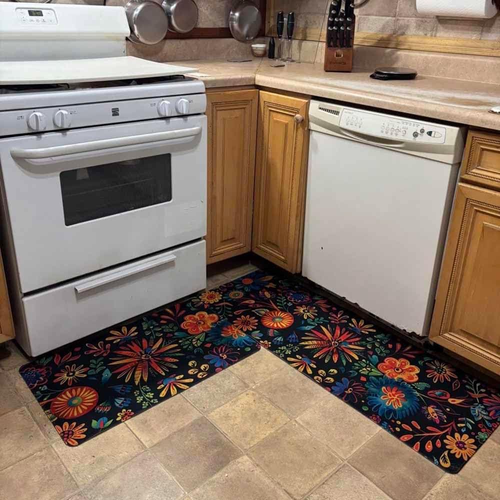 Mexican Floral Kitchen Rugs Set of 2, Colorful Kitchen Mats with Rubber Backing Non Slip Washable, Cinco De Mayo Gift, 17" x 29 + 17" x 47" (Black)