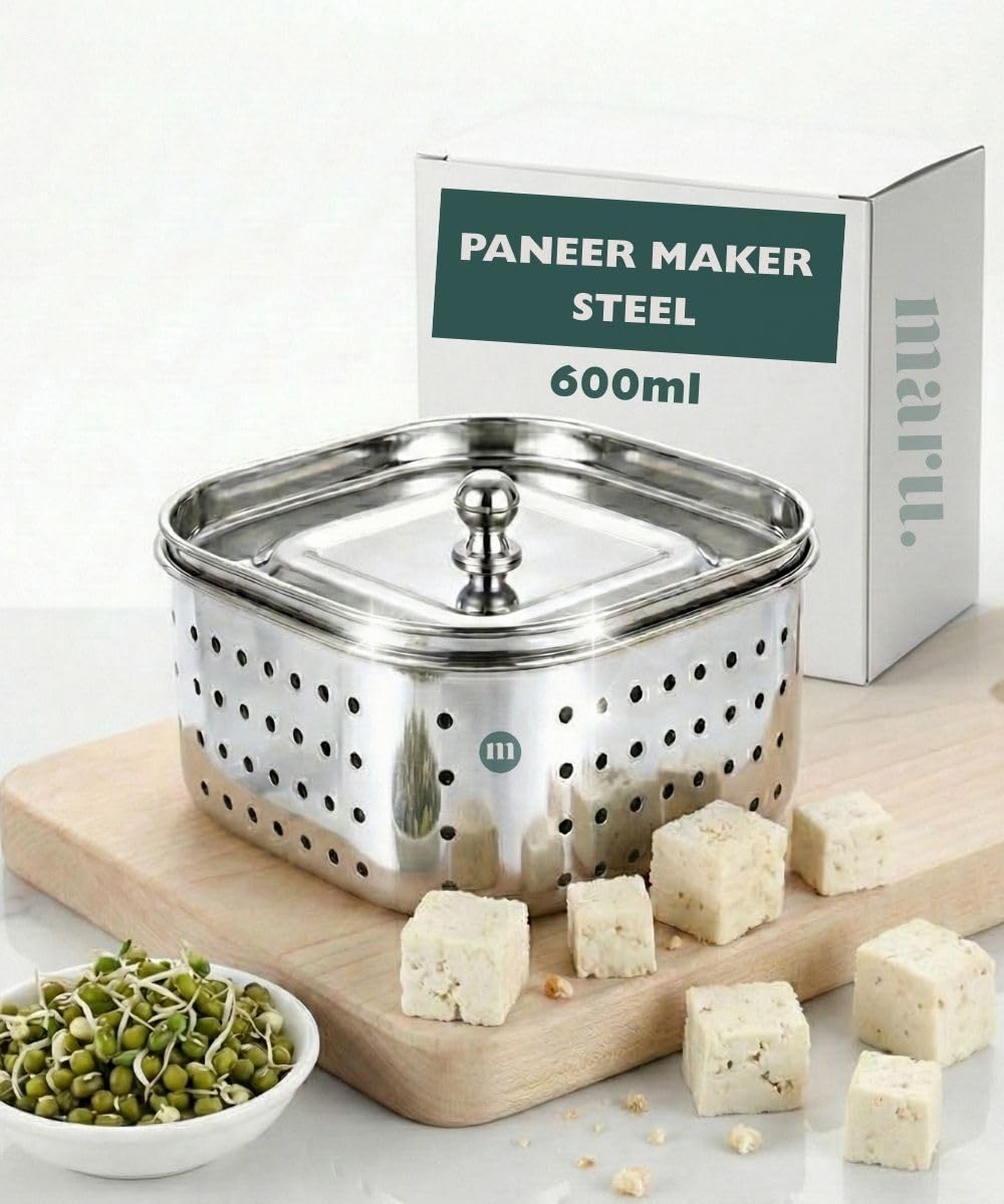 MARU Steel Paneer Maker Box 600ml, Square Shape Paneer Press with Lid, Tofu Press Mould, Whey Separator Channi, Healthy Homemade Paneer/Tofu/Sprouts Maker, Durable & Easy to Clean (12x12x5.5 cms)