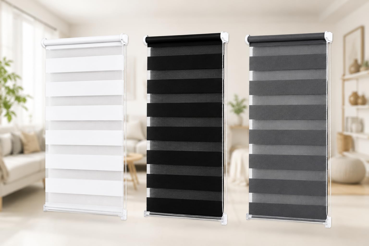 Funky Gadgets Day and Night Roller Blinds Dual Layer Fabric Zebra Blind Translucent or Blackout Vision Roller Shades No Drill Blinds Curtains for Windows and Doors Grey, 114W x 165H cm — image 1