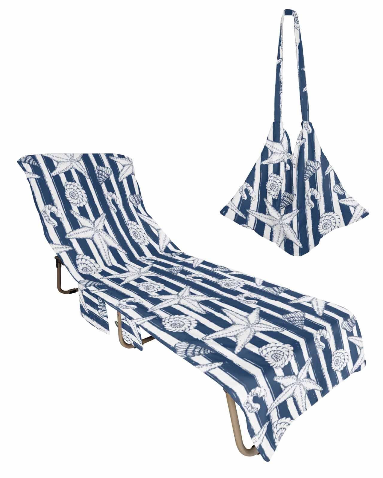 Stripes Conch Starfish Beach Chair Towel Covers for Chaise Lounge with Side Pocket, Soft Plush Pool Towels Cover for Patio Sunbathing Outdoor 29''x85'' Ocean Shell Geometric Nature