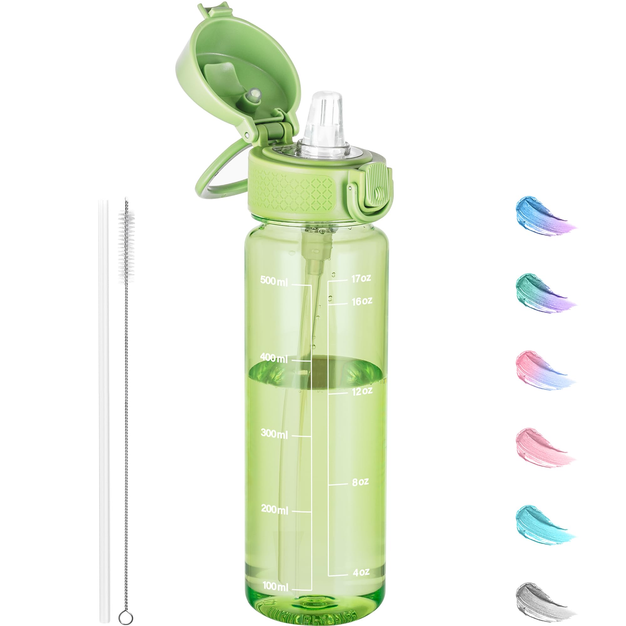 GOPPUS 500ML/17OZ Clear Tritan Water Bottle with Straw Transparent Childrens Drinks Bottle with Carrying Handle See Through Measured Bottles with Flip Top Lid Leakproof Adults Water Bottles BPA Free — image 1