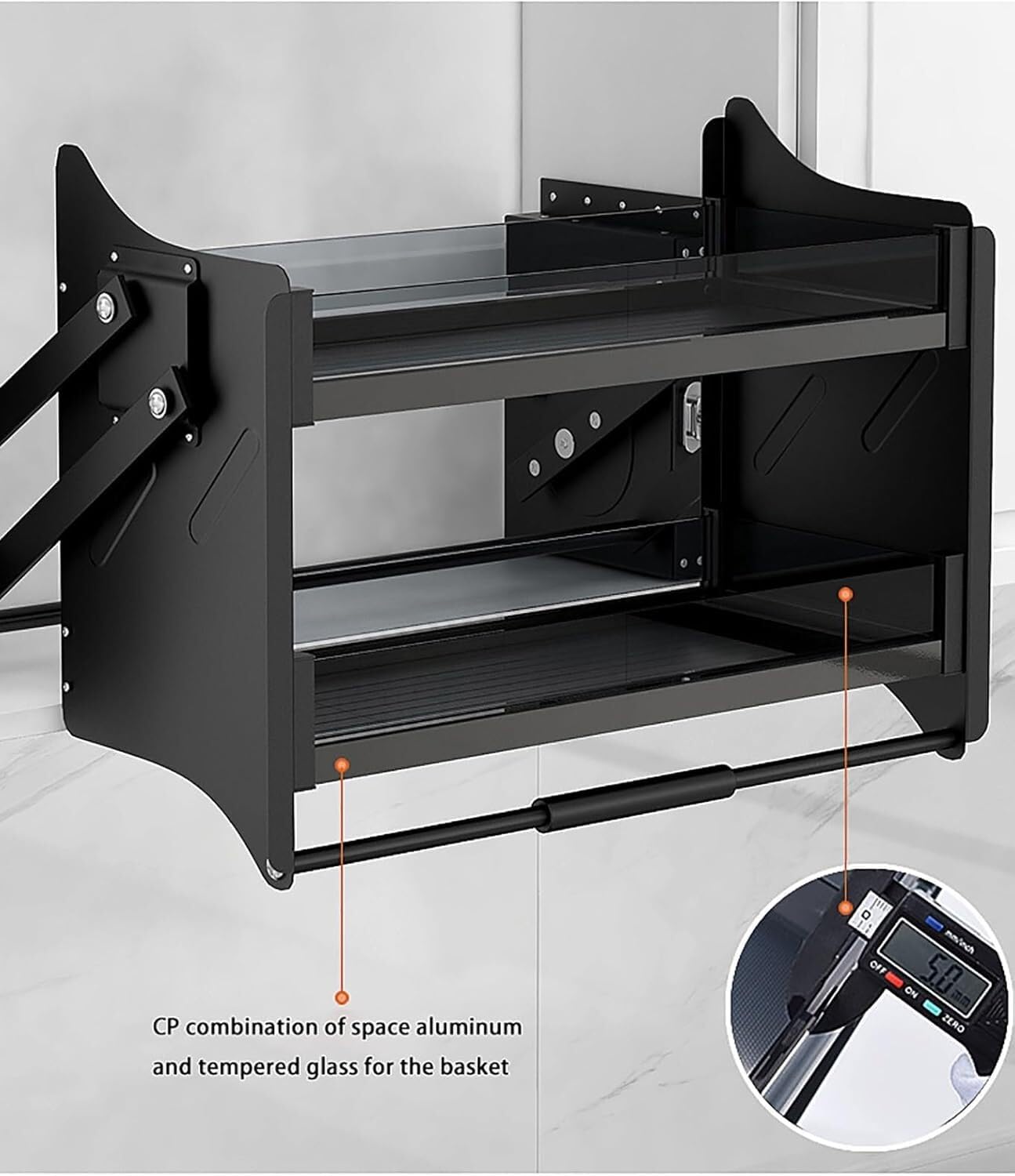 Organizer da cucina a 2 ripiani estraibile per armadio da cucina con ripiano integrato salvaspazio per utensili sollevabili, nero, monocolore, armadio da 90 cm
