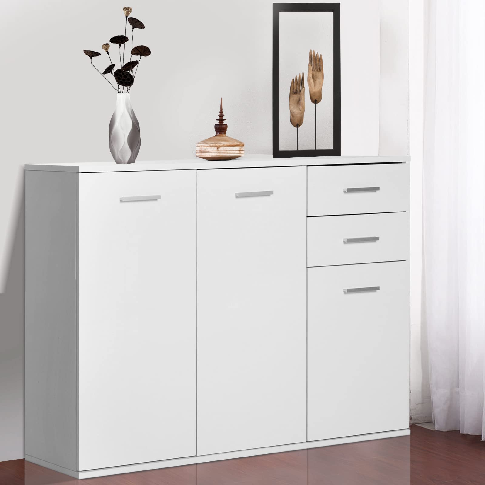 HOMCOM Buffet Salon Haut Brillance 106 x 35 x 76 cm Blanc | Meuble de Rangement, 2 Tiroirs, 3 Portes, Étagère Réglable, Style Contemporain, Buffet Salle à Manger et Cuisine