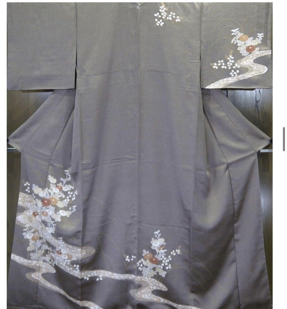 Amazon.co.jp: 京友禅訪問着 №H＝3綸子生地に銀鼠色で秋草模様を描い 