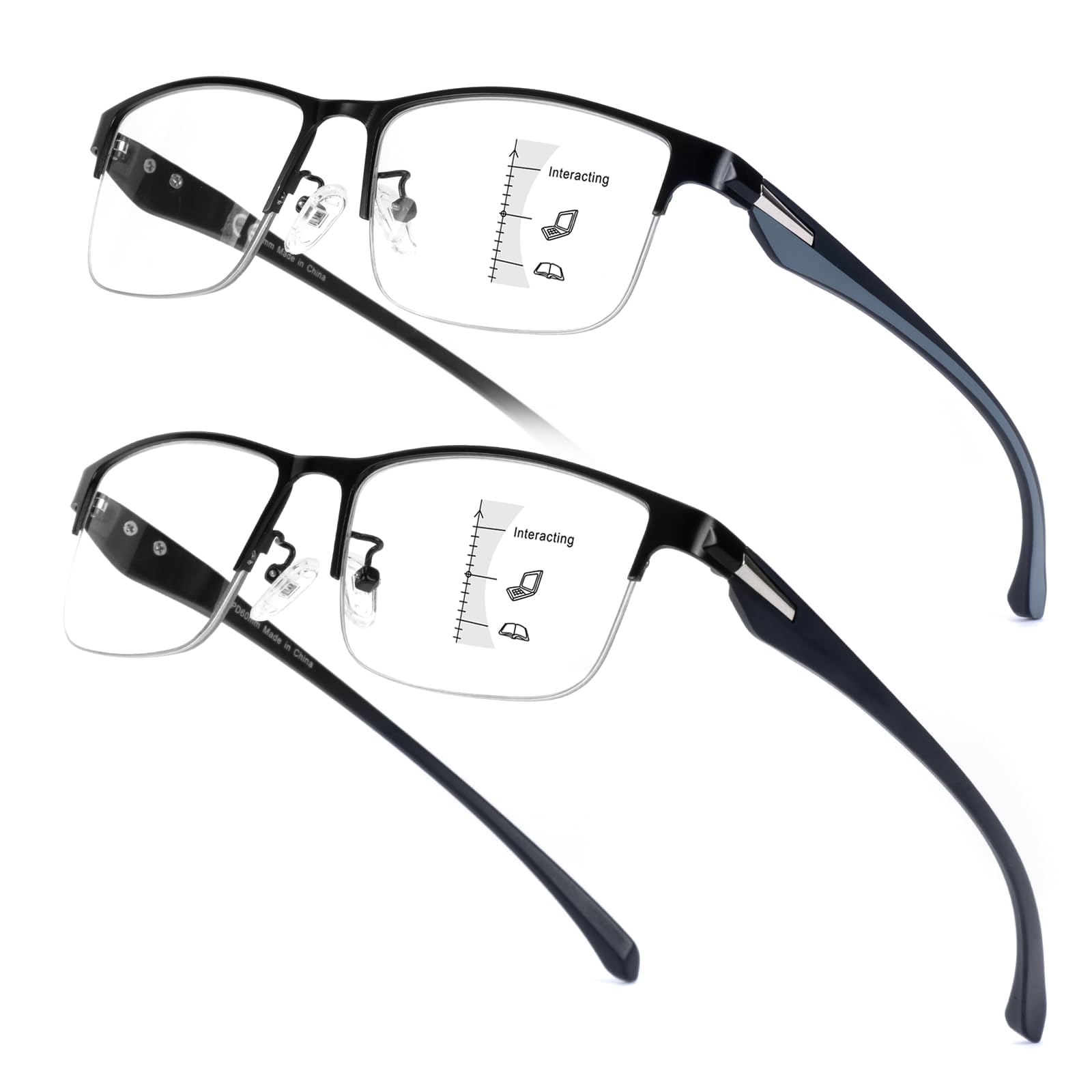 SKYOAK Paquete de 2 lentes de lectura multifocales progresivos para hombre, medio marco, lentes multifocales para lectura de computadora, patillas TR90