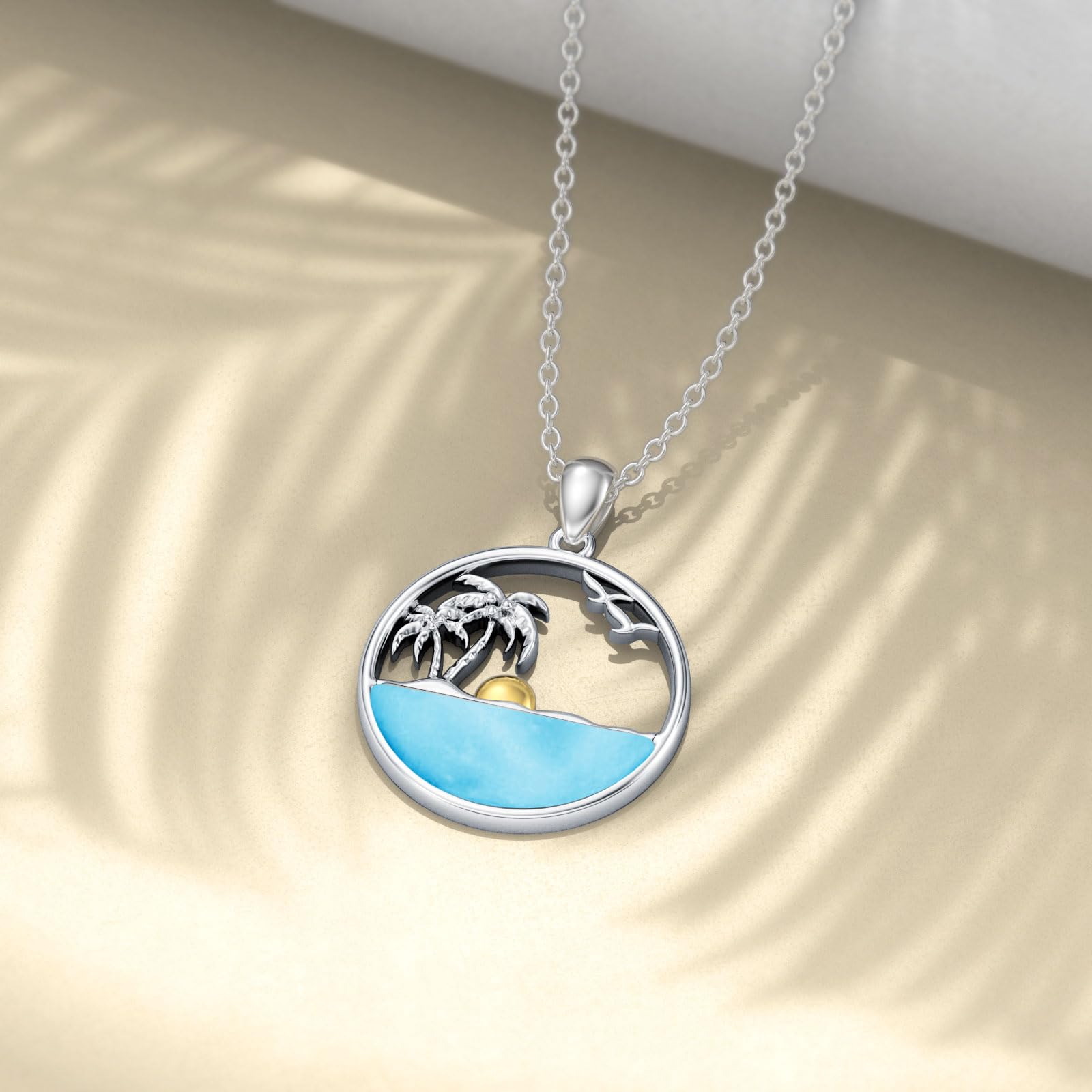 Palmen-Halskette für Frauen 925 Sterling Silber Ozeanwellen Anhänger, Halsketten mit natürlichem Larimar-Edelstein Schmuck Geschenk für Mama Frau