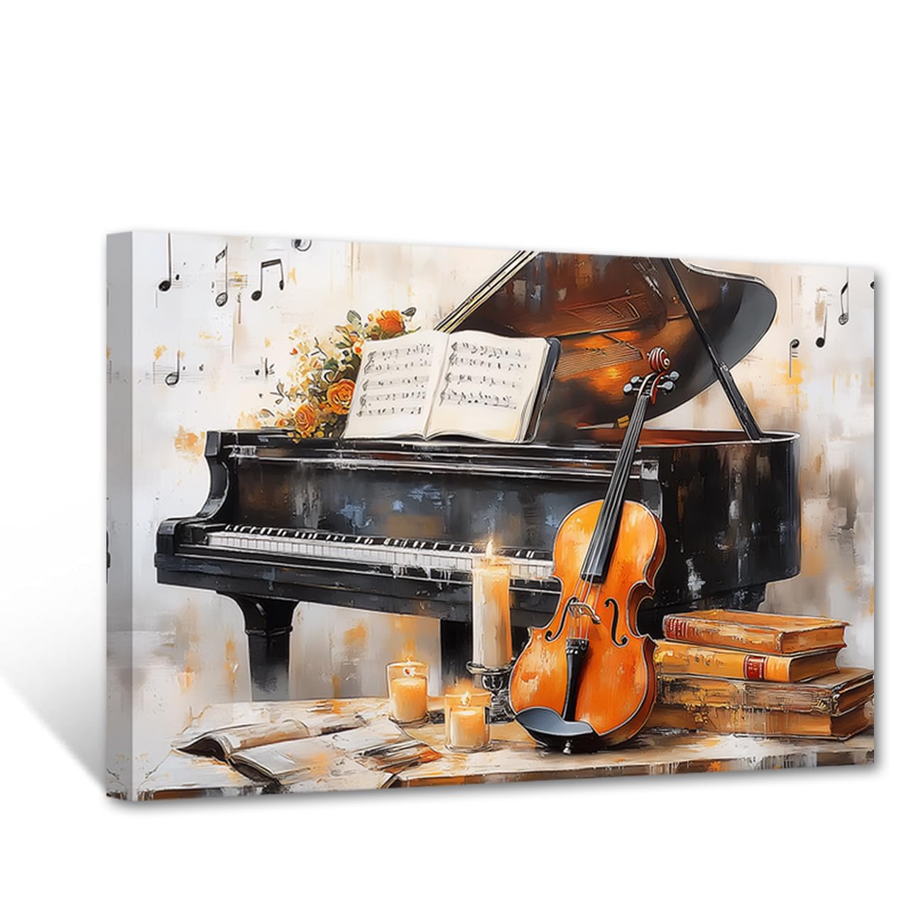 PBXBJY Piano Canvas Wall Art Music Wall Decor Piano and Violin Pictures Print Music Theme Painting Musical Instruments Posters Home Decor Framed (16.00" x 24.00")