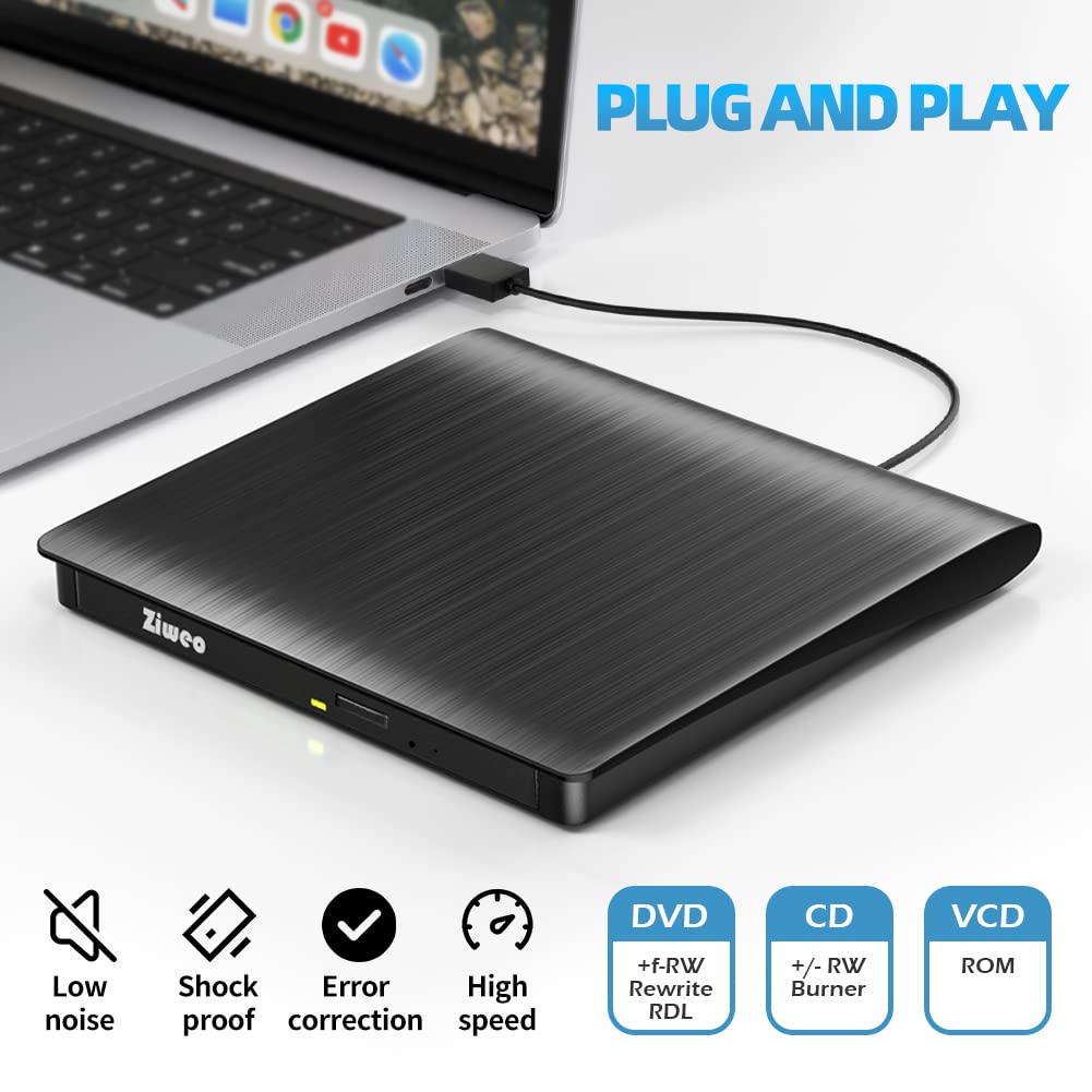 Portable USB 3.0 & Type-C CD/DVD drive, 8x DVD, 24x CD, case.