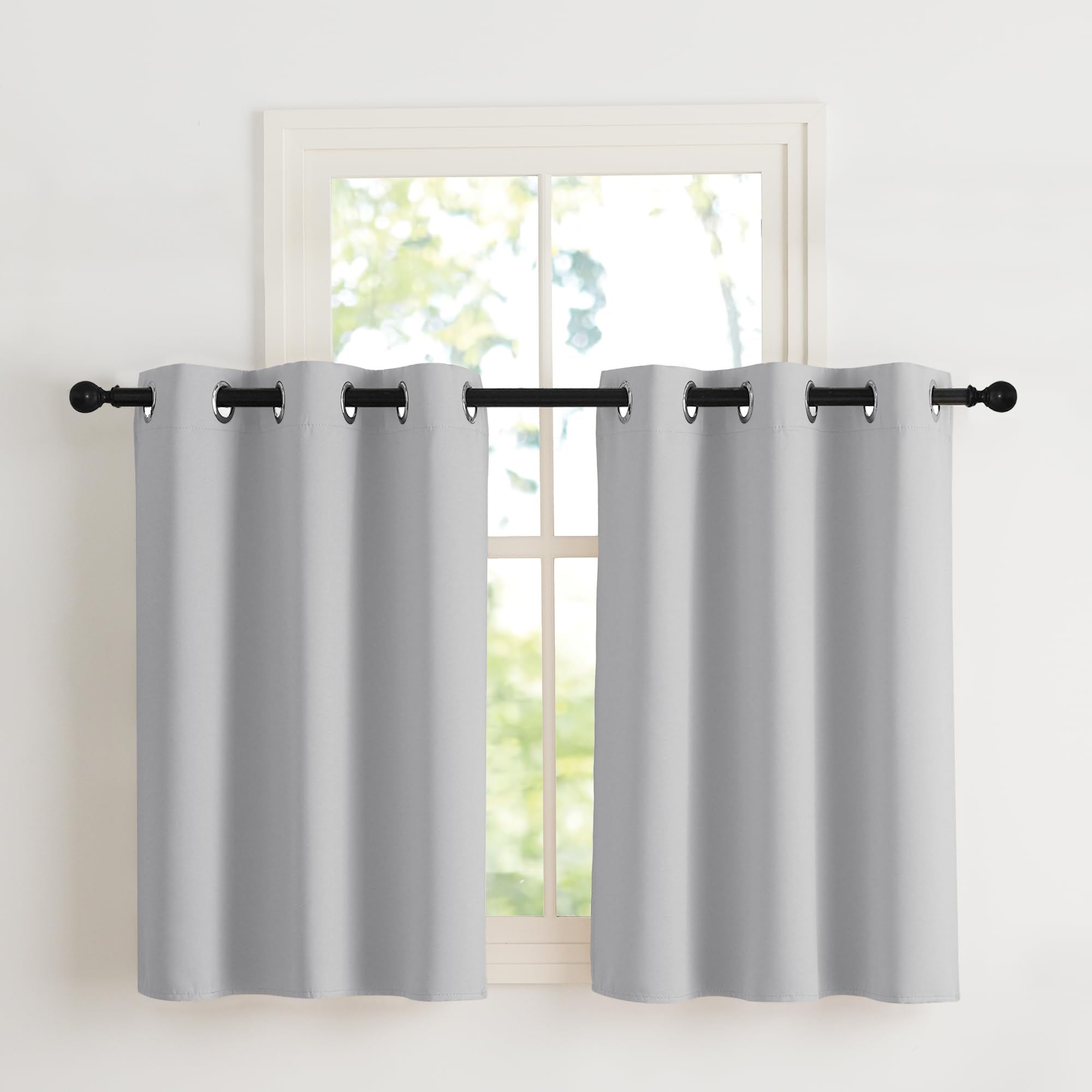NICETOWN Opaque Kitchen Curtains with Eyelets Set of 2 H90 x W107 cm Light Grey Window Curtains Short Thermal Curtains