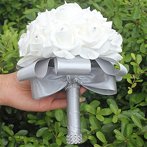 Zinsale Artificiale PE Bouquet da Sposa Cristallo Perla Rose di Seta Bouquet da Sposa Damigella d'Onore per la Festa della Festa Nuziale (Argento, Confezione da 1)