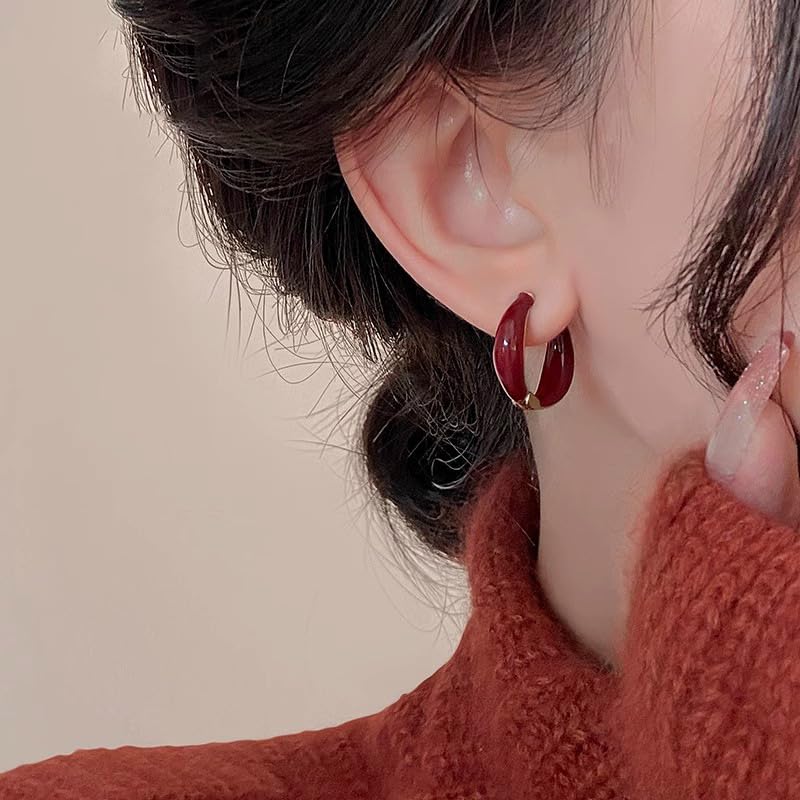 Vintage Burgundy Red Enamel Gold Accent Hoop Earrings - Classic Round Earrings for Women3