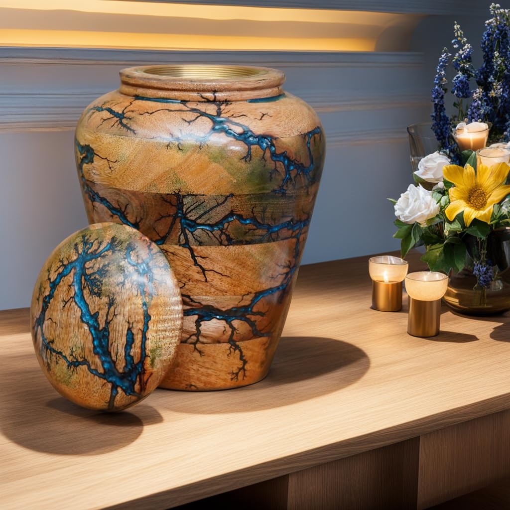 Urna de madera de mango azul océano con patrón de mármol para cenizas adultas, 10 x 7.5 x 8 pulgadas, 250 pulgadas cúbicas, urna de cremación