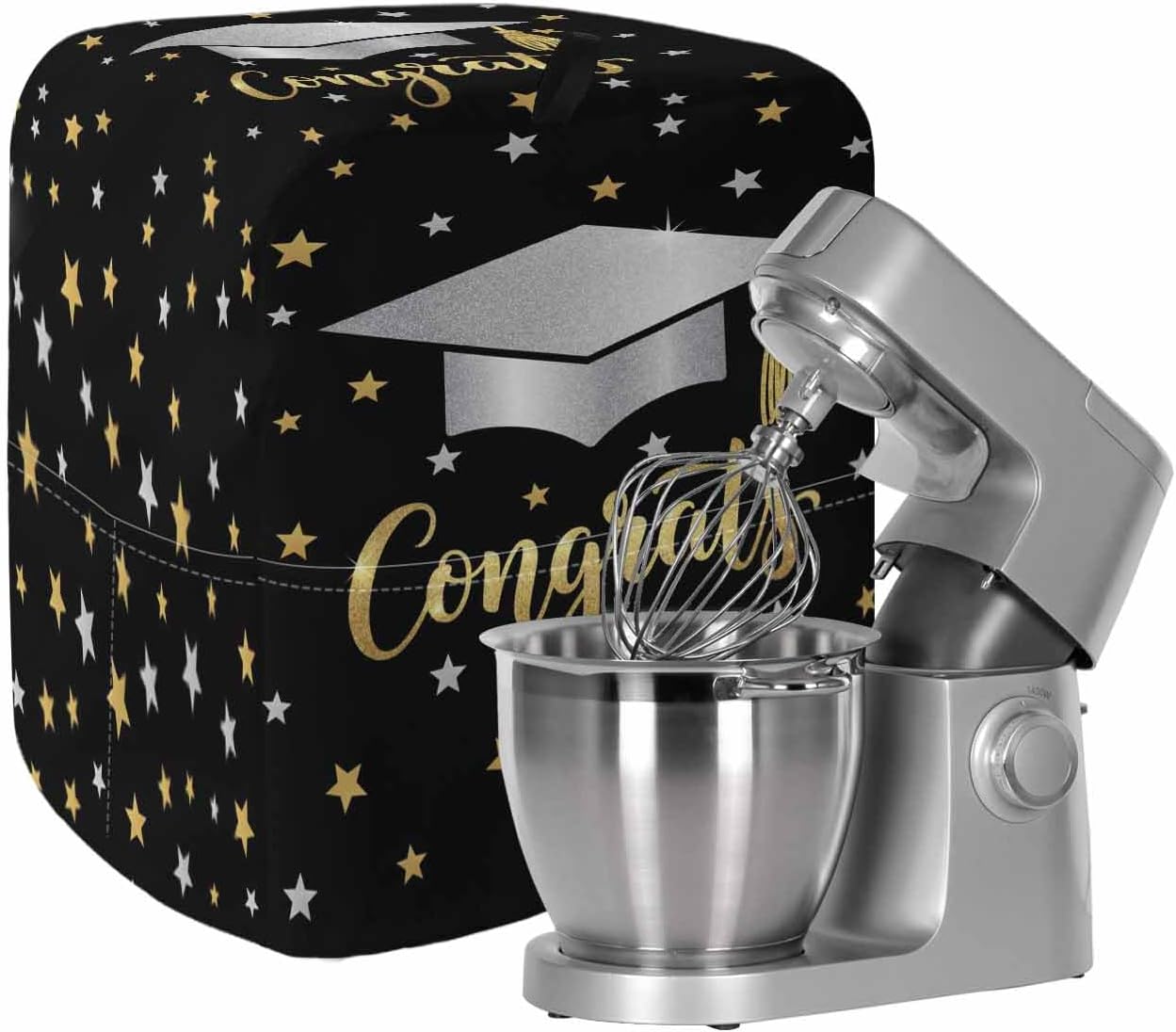 Black Stars Graduation Stand Mixer Cover with Storage Pocket, Waterproof Kitchen Mixer Covers, Yellow White Star Modern Art Kitchen Appliance Dust Cover Compatible with 5-8 Quart Mixers