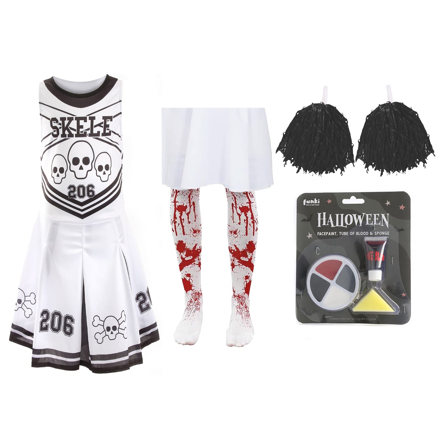 Vestito da cheerleader scheletrato per Halloween, da bambina, colore: nero/ bianco, con pompon rossi, sangue finto e vernice per il viso