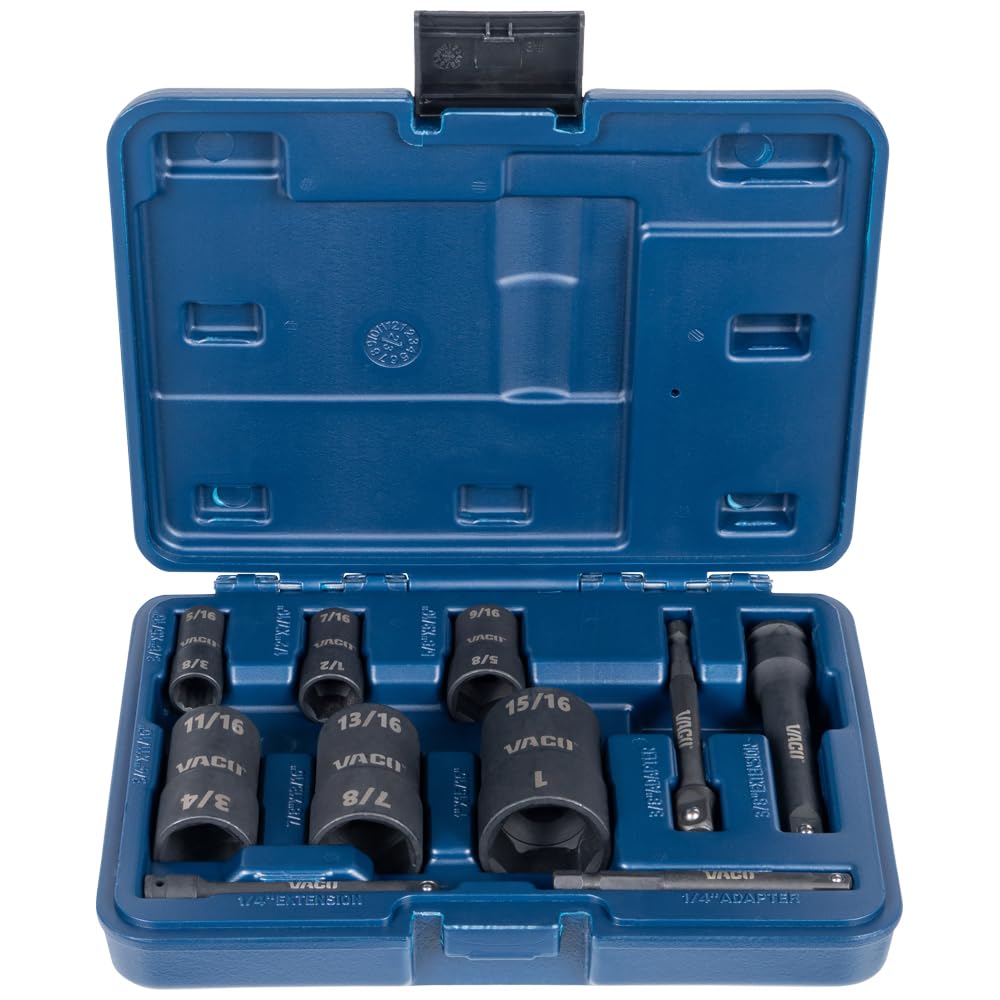 VACO VAC4100 10-częściowy zestaw nasadek udarowych 2 w 1, z etui, adapterem, przedłużeniem, grzechotką, 6 gniazd, 12 rozmiarów SAE do napędów 1/4 i 3/8 cala