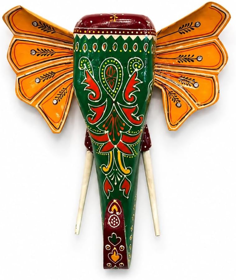 JGARTS Wooden Elephant Head Statue, Wall Hanging Animal Face, Handicraft Mask, Figurine, Home Decor, Boho Indian Art (green)