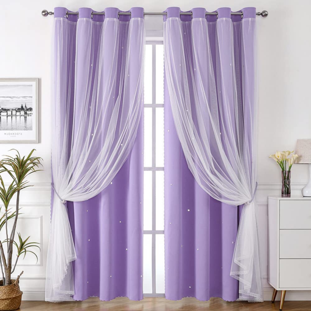 Nyescasa Verdunklungs Vorhänge Kinderzimmer Vorhang Doppellagige Gardienen mit Höhlen Sterne mit Voile Ösenschal für Wohnzimmer Schlafzimmer Mädchen Dekoschal 2er Set 244x132cm(H×B) Lila