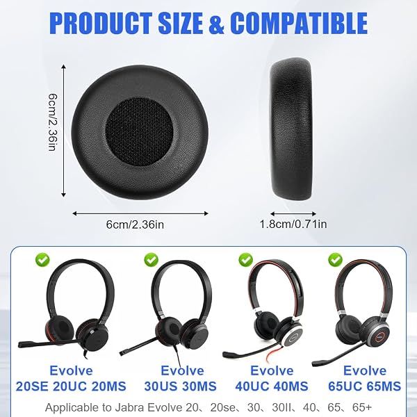 AXFEE Cuscinetti Auricolari di Ricambio per Jabra Evolve 20、20se、30、30II、40、65、65+, Cuscinetti Auricolari in Pelle Proteica, Schiuma ad alta Densità per I'isolamento dal Rumore - Nero - 2