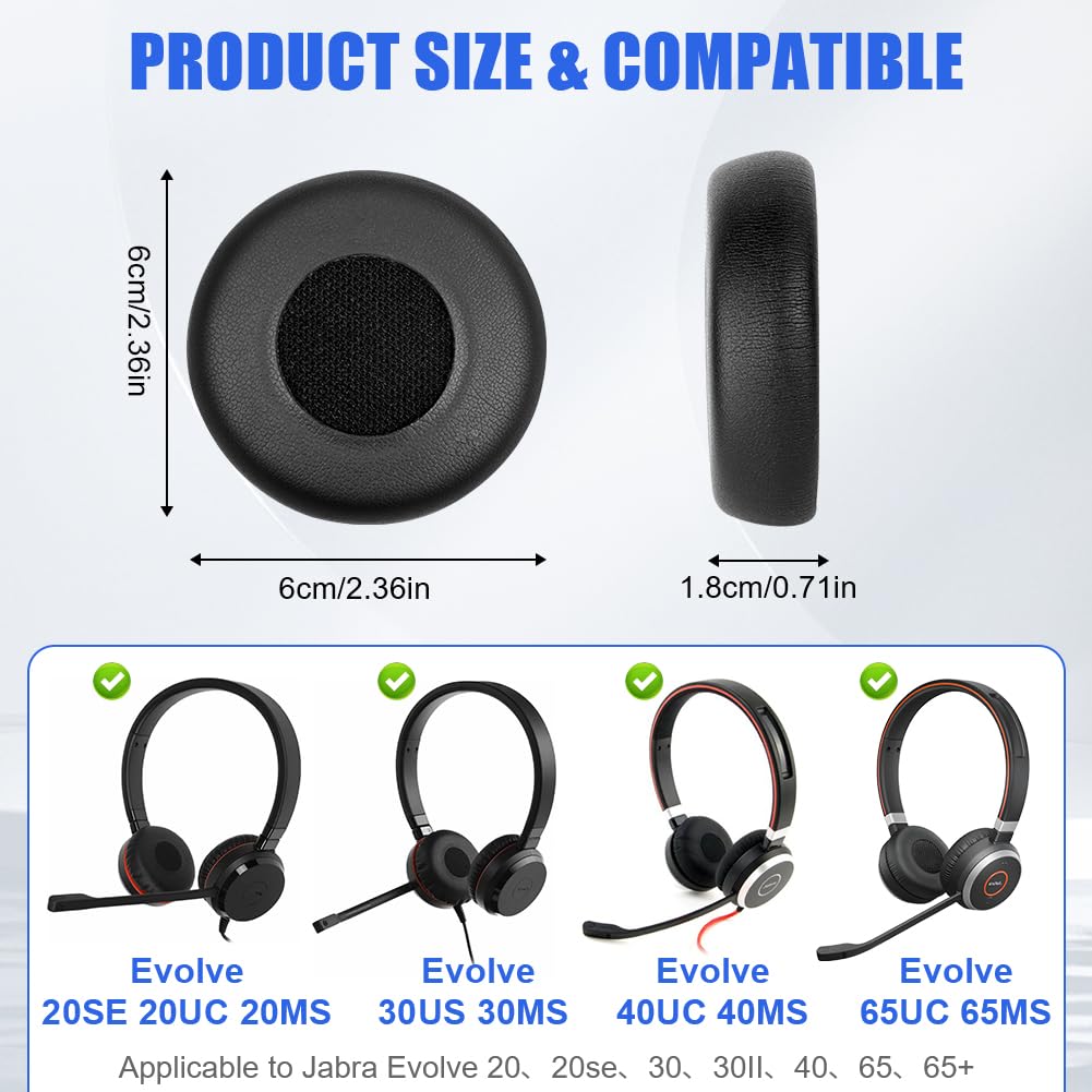 AXFEE Zamienne nauszniki do Jabra-Evolve 20, 20se, 30, 30II, 40, 65, 65+, z miękką skórą proteinową, pianką z pamięcią kształtu, profesjonalna wyściółka do słuchawek nausznych, czarne