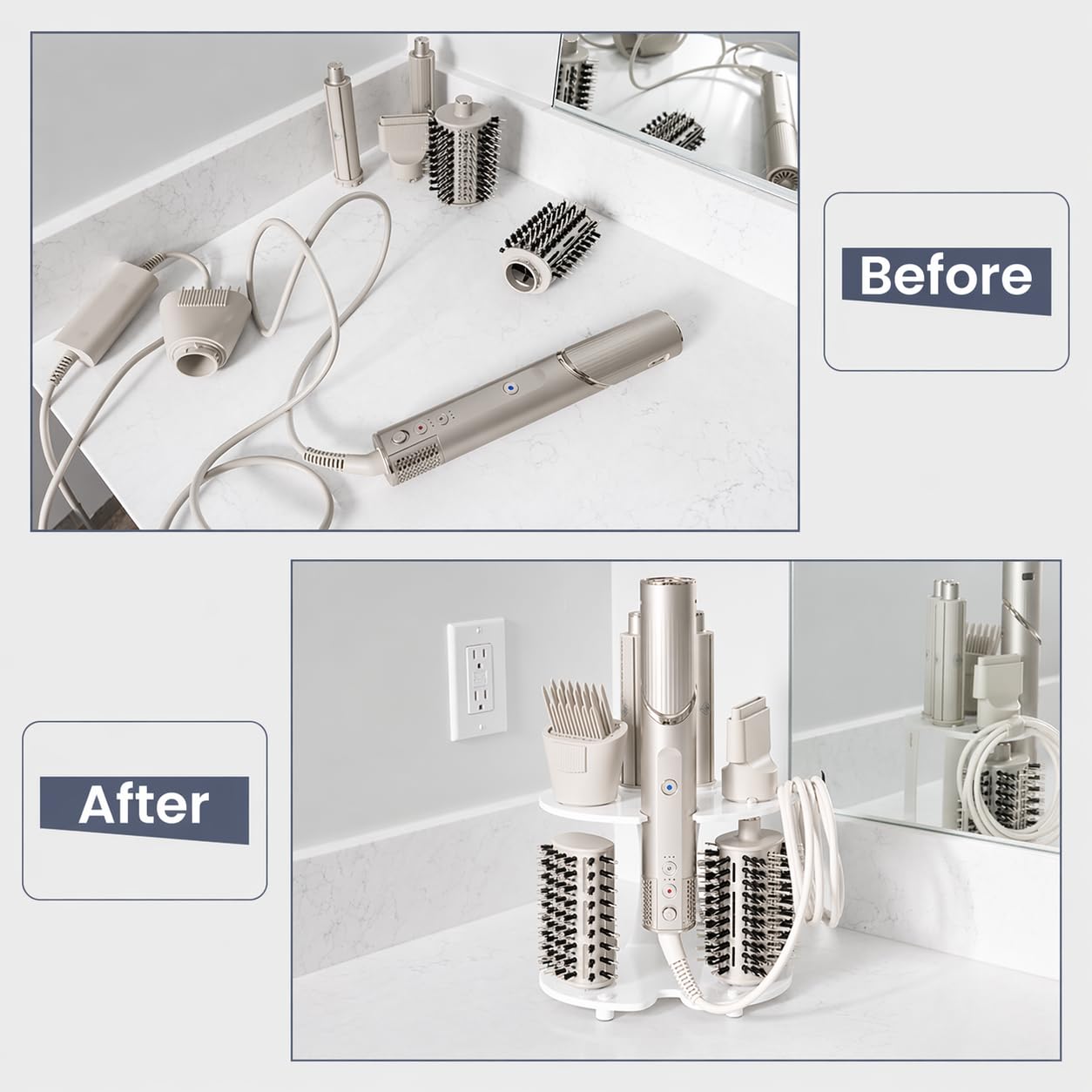 Soporte para accesorios para secador de pelo, organizador de encimera de baño para accesorios de secador de pelo