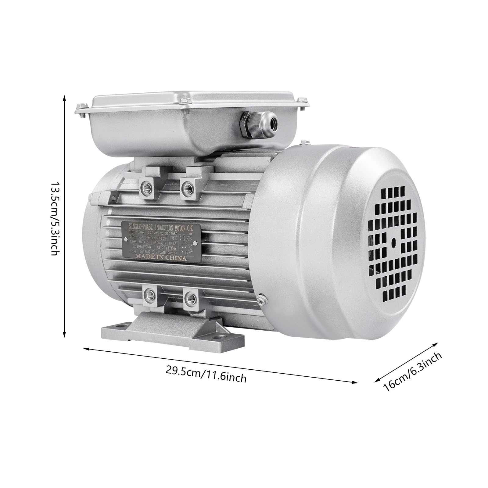 Motor eléctrico 750 W 1 HP – 1 fase, 1400 rpm, eje de 19 mm, clase de protección IP55, motor de corriente alterna para hormigonera, compresores, bombas