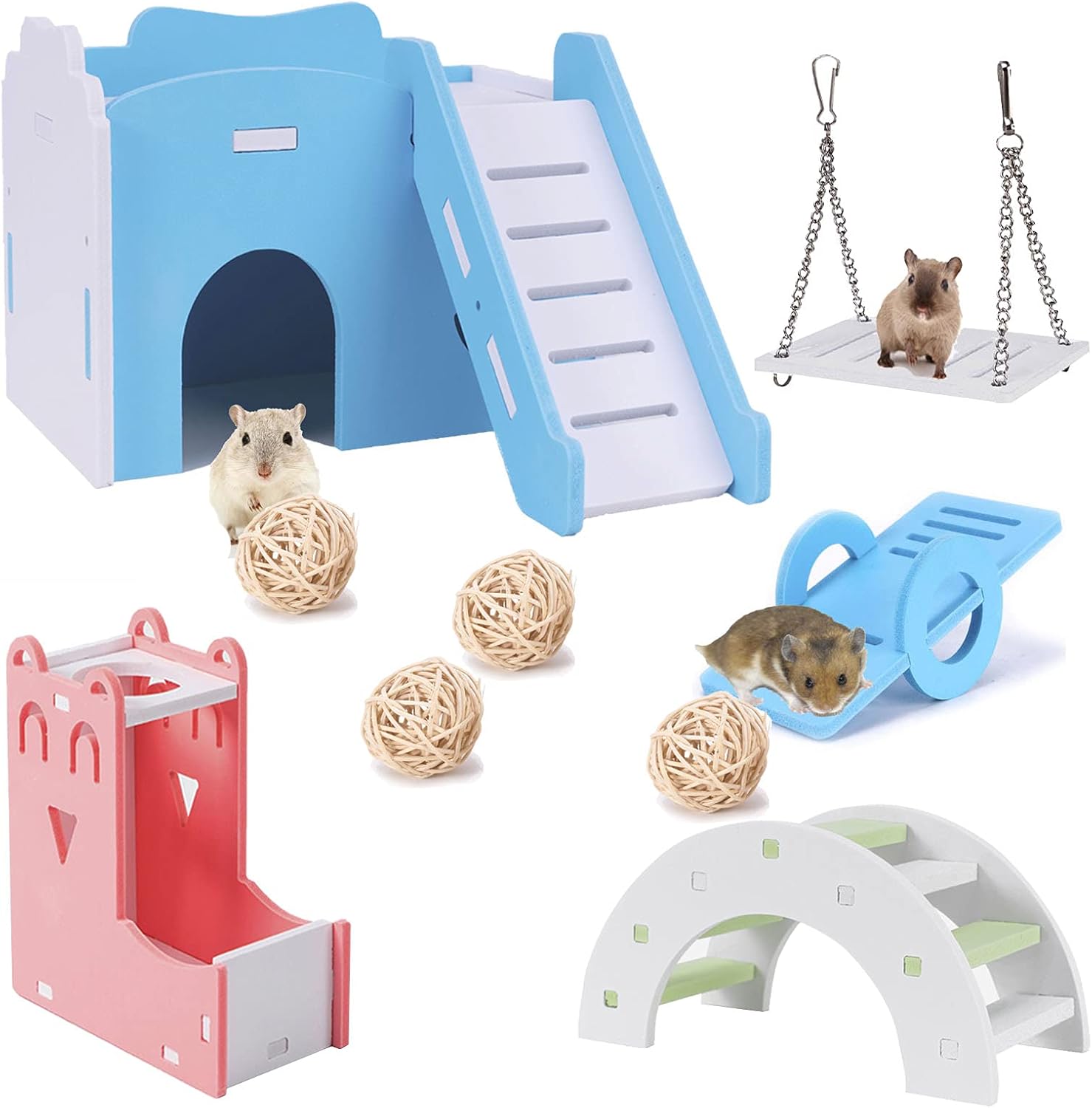 X-pet DIY Hamster Toys Set Rainbow Hamster Toys Include Wooden Hamster House Hamster Seesaw Wooden Bridge Swing and chew Grass Ball for…