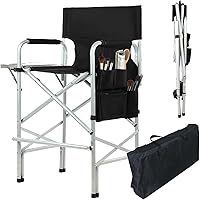 GDGYOFN 45.6" Tall Makeup Artist Directors Chair - Foldable 400lbs Capacity with Side Table, Cup Holder, Storage Bag & Footrest, Black