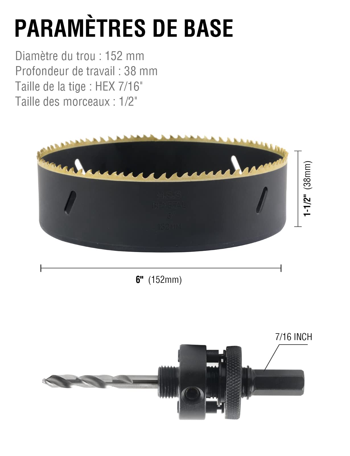 BINOTA Sierra Perforadora Bimetálica M42 152 mm, para Metal, Madera, Madera Contrachapada, PVC, Yablero de Fibra, Panel de Yeso