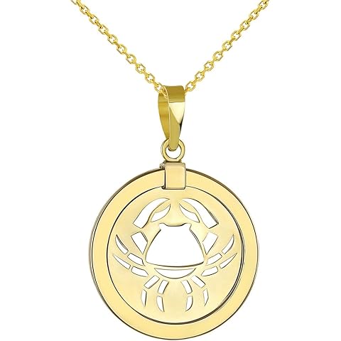 14K Yellow Gold Reversible Round Cancer Crab Zodiac Sign Pendant With Cable, Curb or Figaro Chain Necklace