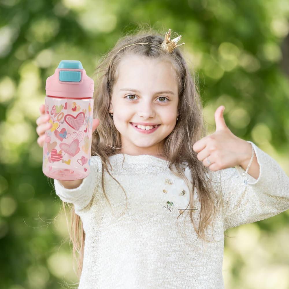Gourde Enfant, 400ml, Robuste, Incassable, Anti Fuite, Sans BPA, Ouverture par Simple Pression, Facile à Nettoyer, avec Paille, Idéale pour l'École et l'Extérieur (Cœur) - 4