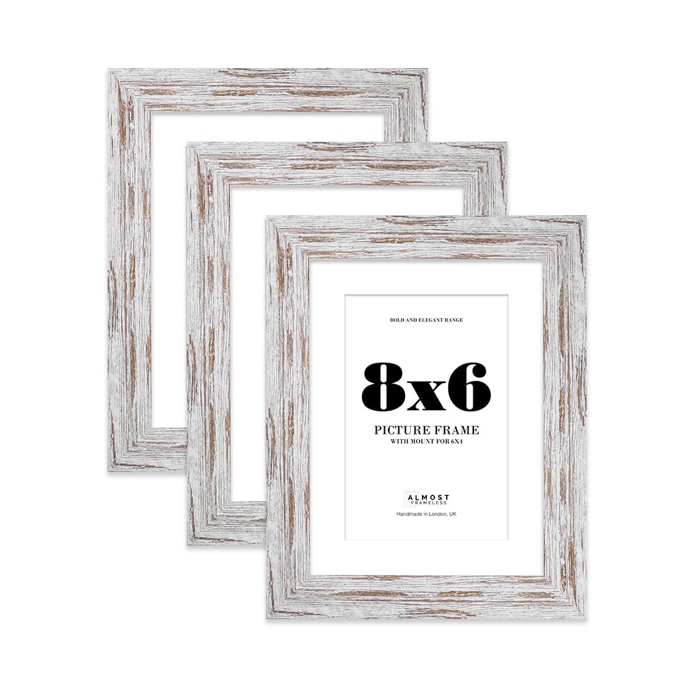 8x6 Distressed Wood Frame With Mount for 6x4 Pictures 28mm Edge Portrait and Landscape Display with Wall Hooks and Kickstand, 3 Pack