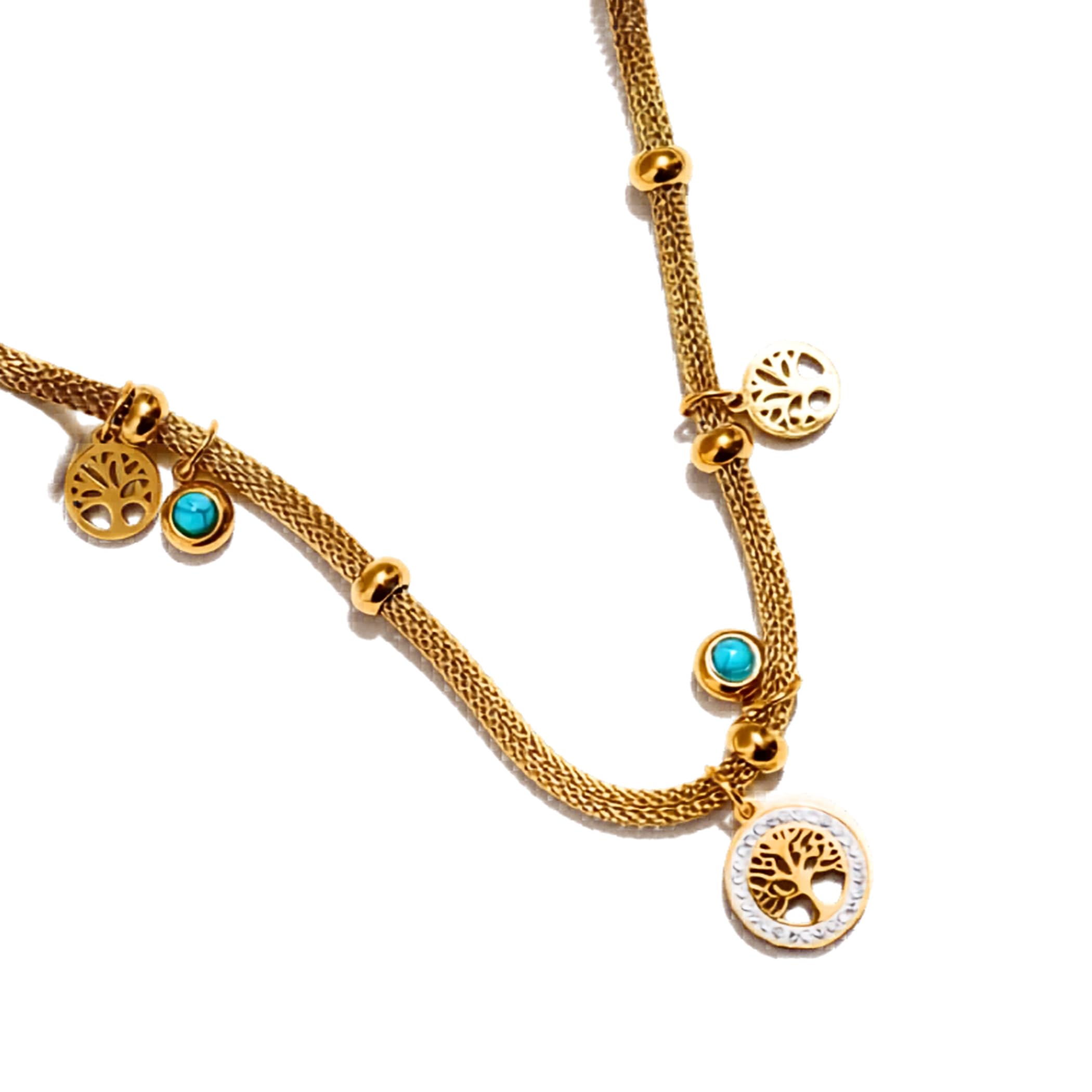 Anti Tarnish Tree of Life Turquoise Charm Necklace for Women | Premium Gold Finish Pendant Necklace | Long Lasting Minimal Daily Wear Jewellery | Elegant Charm Chain Necklace-image-0