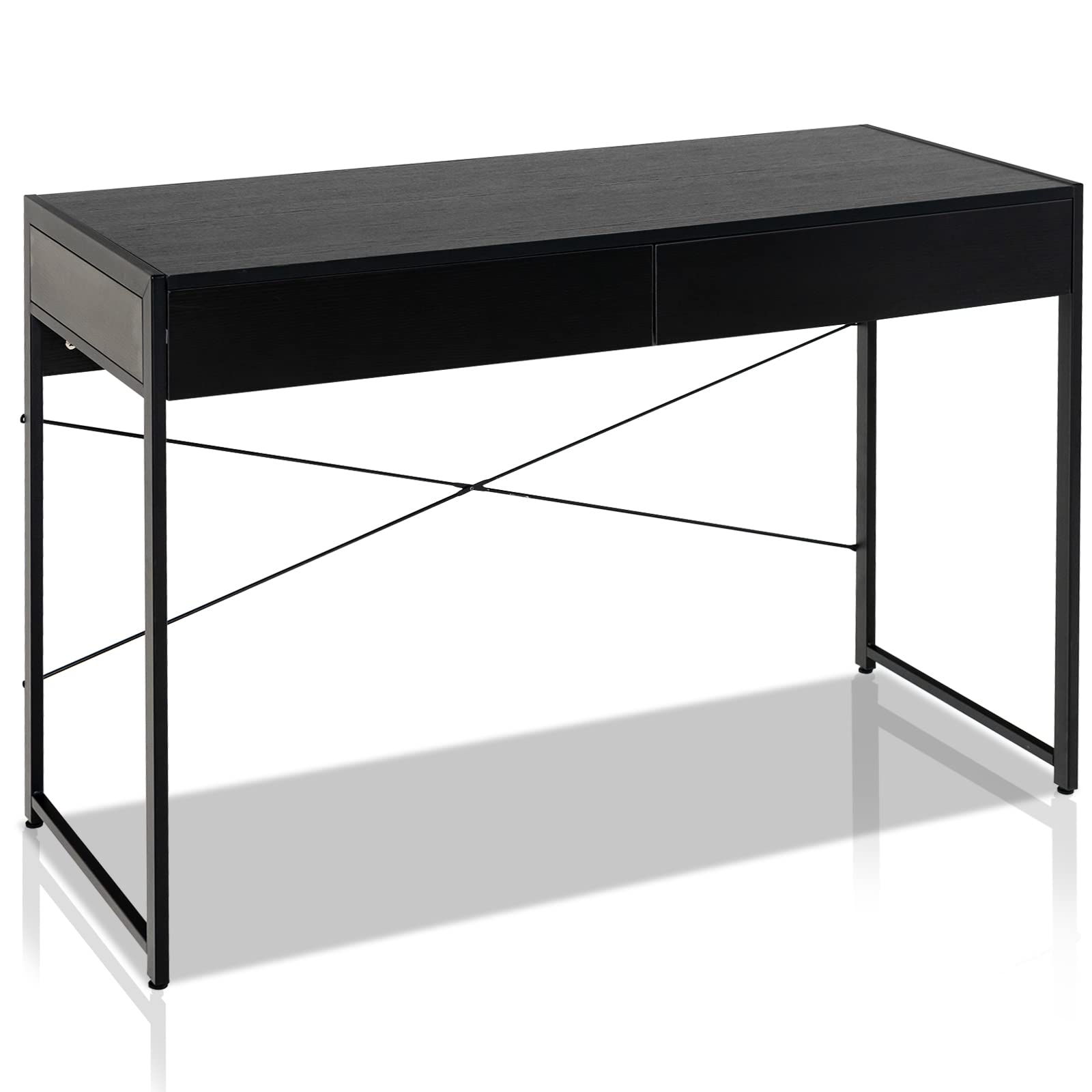 COSTWAY Computer Desk with 2 Drawers, Compact Wooden PC Laptop Table Writing Workstation, Simple Home Office Working Gaming Study Desk (112 x 48 x 76cm, Black) — image 1