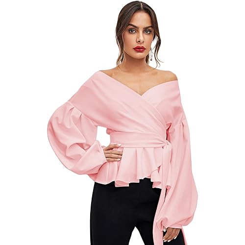 SheIn Women's Long Sleeve V Neck Ruffle Blouse Off Shoulder Tie Waist Wrap Tops Pink X-Large