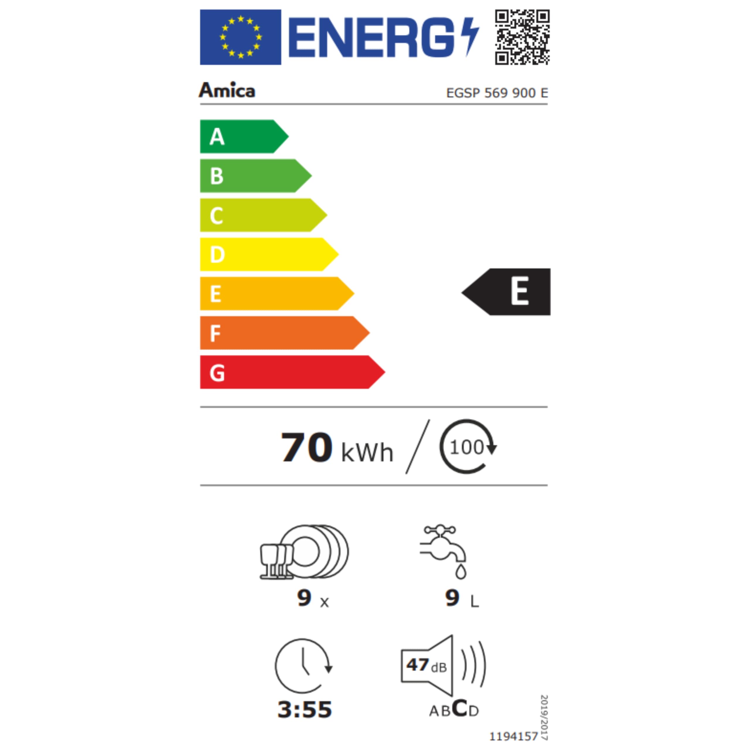 Amica EGSP 569 900 E Einbau-geschirrspüler / 9 MG / 3 Körbe /4Progr / AQS /47dB/ Energieeffizienzklasse E