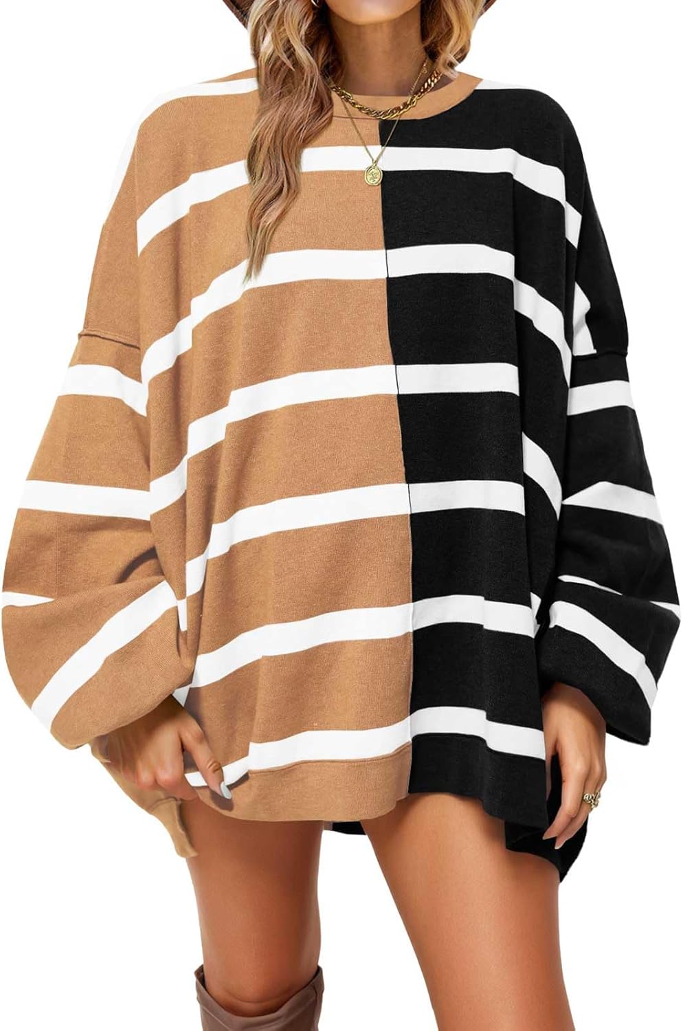 Fisoew Womens Striped Pullover Sweater Crew Neck Long Sleeve Knitted Color Block Casual Loose Lightweight Sweaters for Women