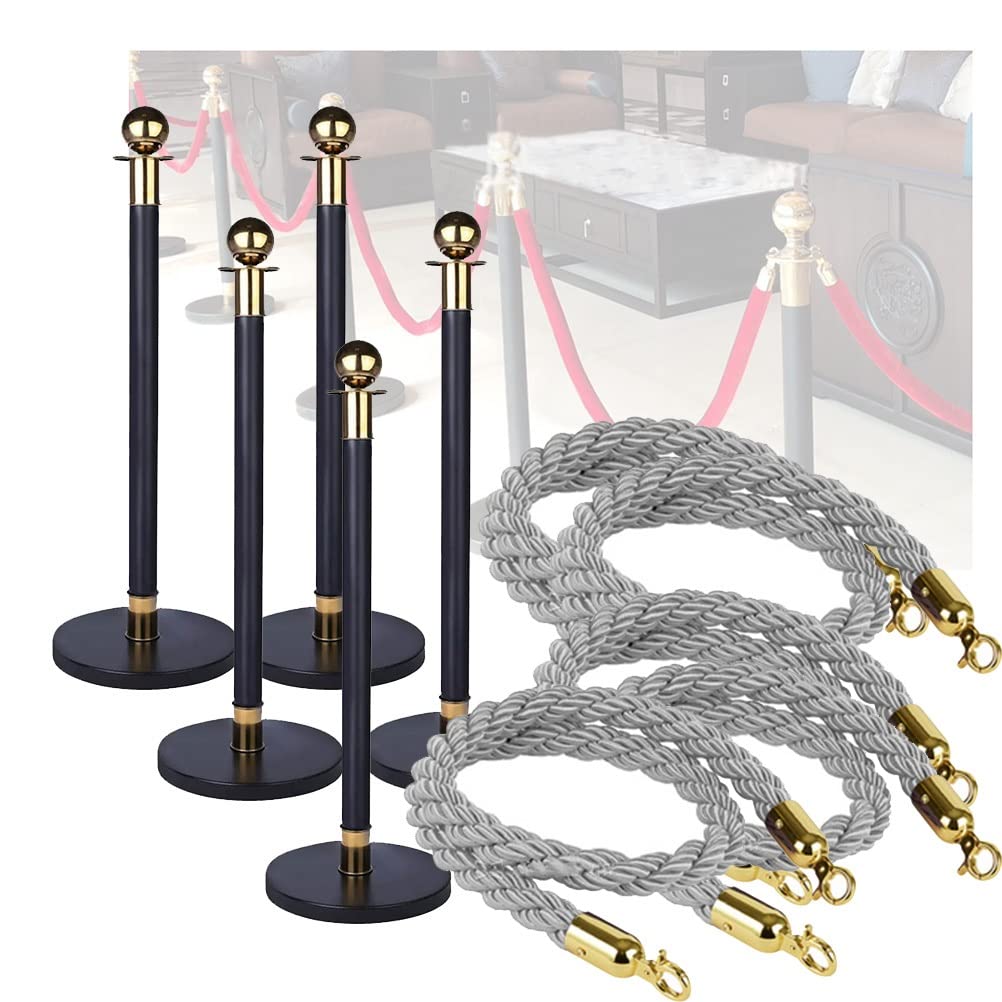 Paletti Per Il Controllo Della Folla, Pali Di Delimitazione Da 95 Cm Per Code, Set Di Paletti In Acciaio Inossidabile Con Corda Intrecciata In Poliestere Da 1,5 M, Gray - 2 Rope-5 PCS set w/4 r