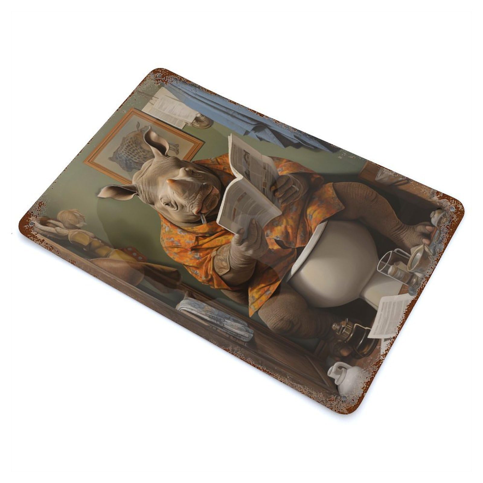 Aged Metal Wall Plaque with Rhino Toilet Decor Design 11.8"x7.9", for Pub, Kitchen And Man Cave Decor, Shabby Chic Decor