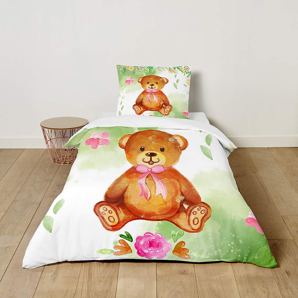 FANSU Kids Boys Girls Duvet Cover 2 Piece Bedding Set, Super cute plush Bear Printing Children Quilt Cover & Pillow Set for Nursery Toddler Cot Single Size Bed (Spring Bear,100x135cm+40x60cm)