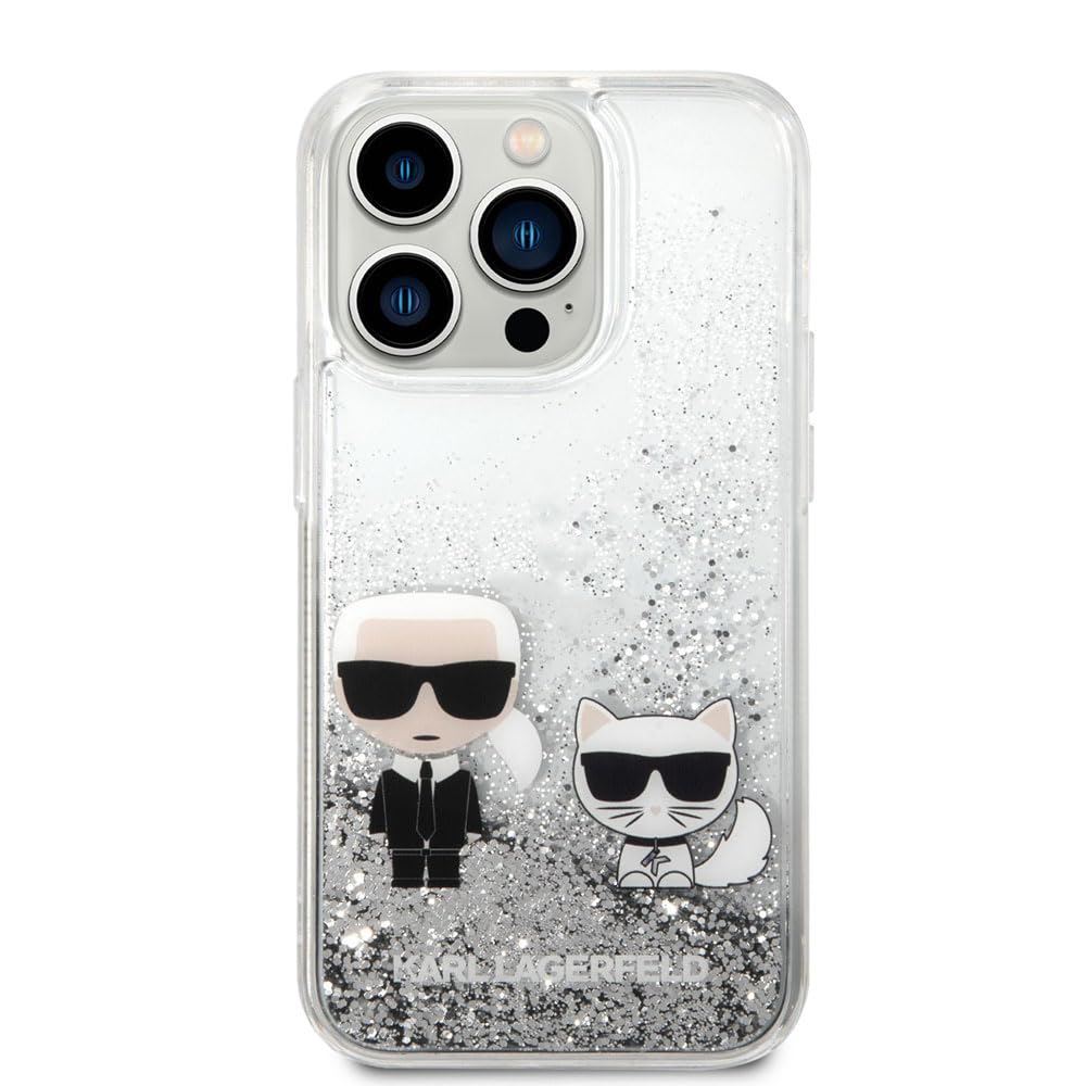CG MOBILE Karl Lagerfeld Liquid Glitter Silicone Case Karl And Choupette Protector/Ultra-Thin/Non-Slipping/Shock-Absorption/Anti-Scratch Compatible With iPhone 14 Pro Max 6.7" (Silver)