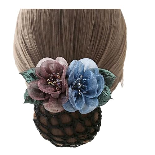 Miniatura 4 de Paquete de 3 pinzas para el pelo de flores de seda para mujer, cubierta de moño para el cabello, pasadores de red de red de encaje con lazo para