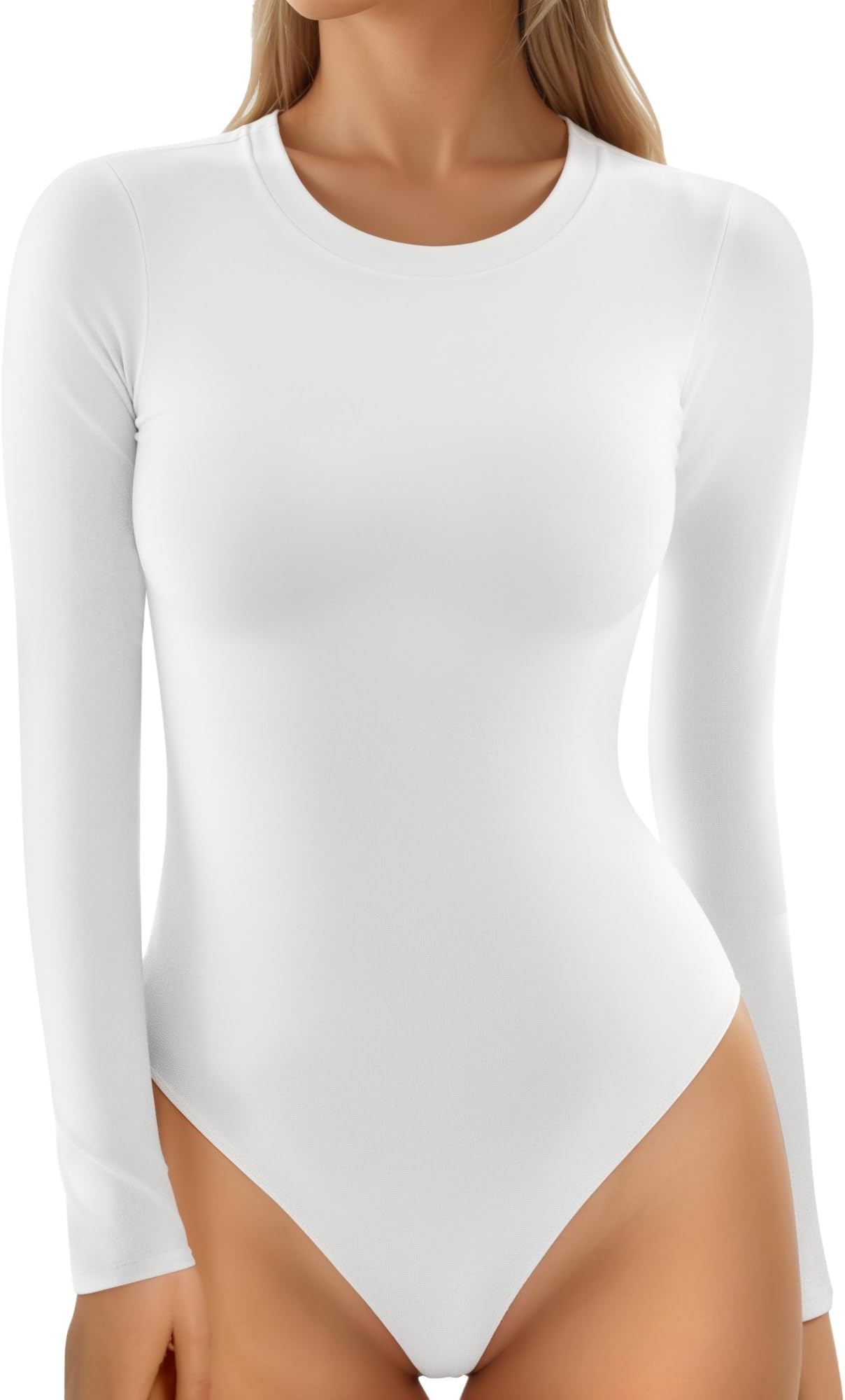 MANGOPOPWomen's Crew Neck Short Sleeve/Long Sleeve T Shirts Bodysuit Jumpsuit (001 Long Sleeve (White), Large)