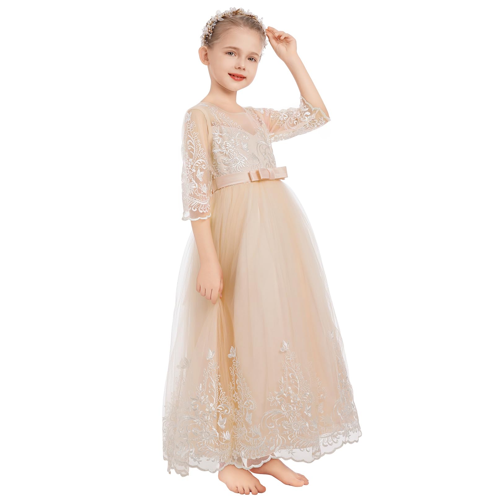 Odizli Vestidos de niña de flores para niñas con mangas 3/4, bordado de princesa, vestido de línea A, vestido festivo, boda, vestido largo de baile