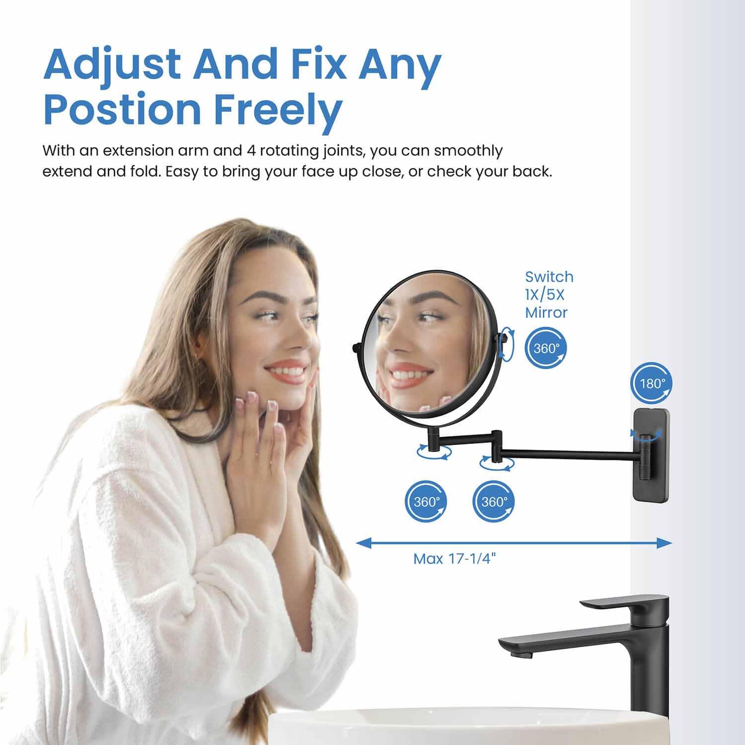 KIBI Circular Wall Mount Makeup Mirror, Dual-Sided 1x/5x Magnifying Mirror with Extendable Arm, 360° Swivel, Solid Brass Construction for Durability and Style (Matte Black - KMM100)