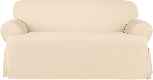 SureFit Duck - Funda de algodón pesado para sofá biplaza en T, funda de una pieza, ajuste tejido relajado, 100% algodón, lavable a máquina, natural,