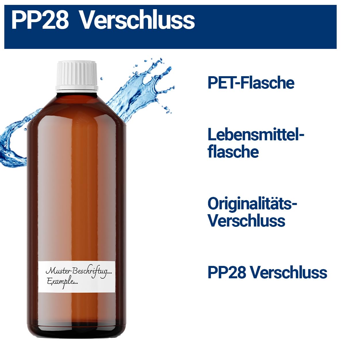 BMUT 1000ml Laborflasche 28/410 – leer – braun – Lebensmittelechte PET Leerflasche BPA-frei mit Originalitätsverschluss & Kindersicherung – Kunststoffflasche inkl. 2 wasserfester Etiketten 1L